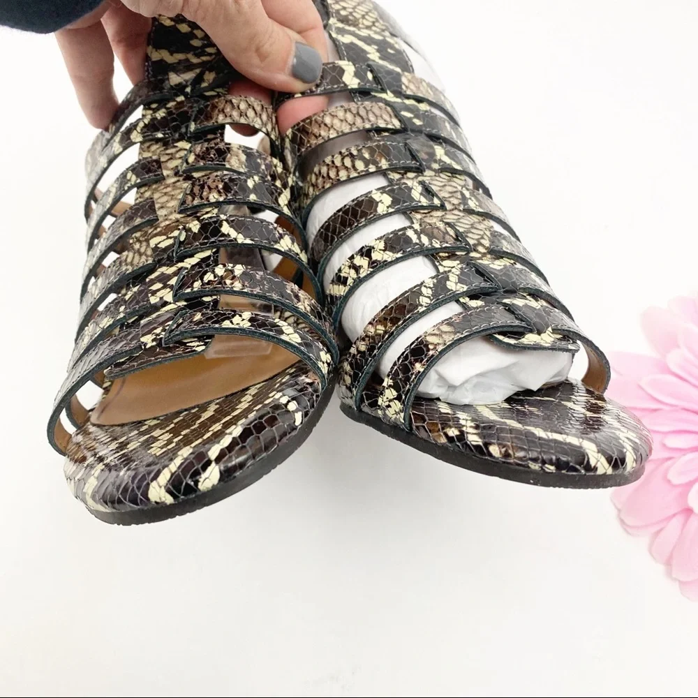 Vionic Perk Sami Leather Caged Heeled Sandals: Black Boa Snakeskin